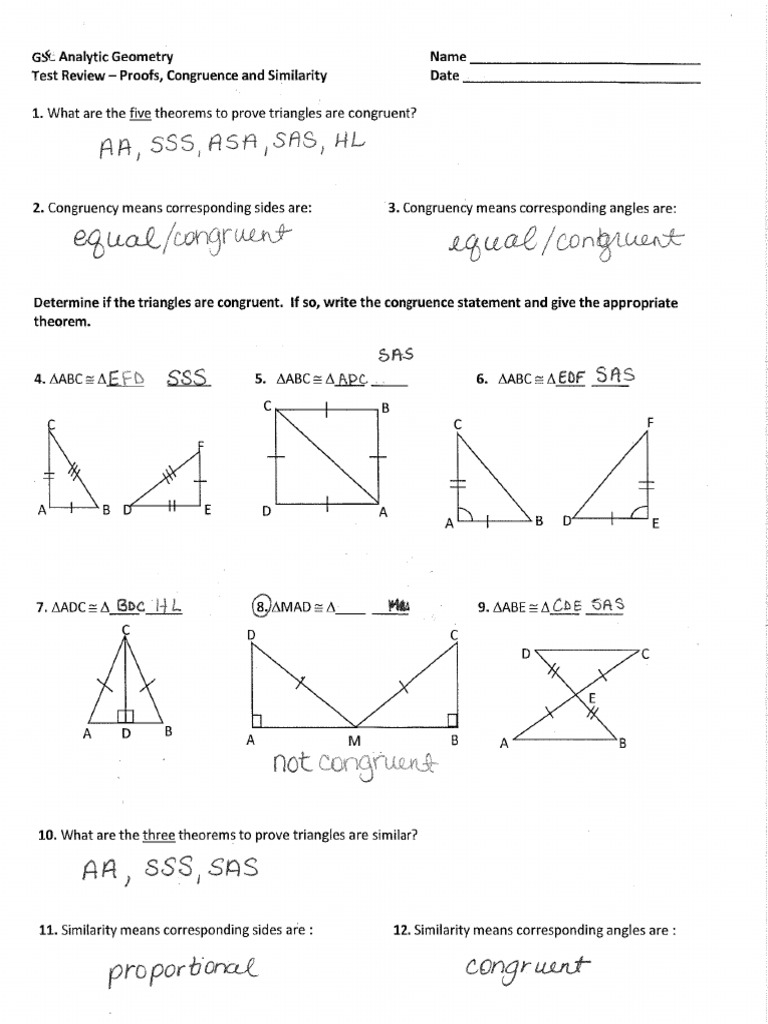 Geometry - Unit 2 Study Guide - Answer Key | PDF