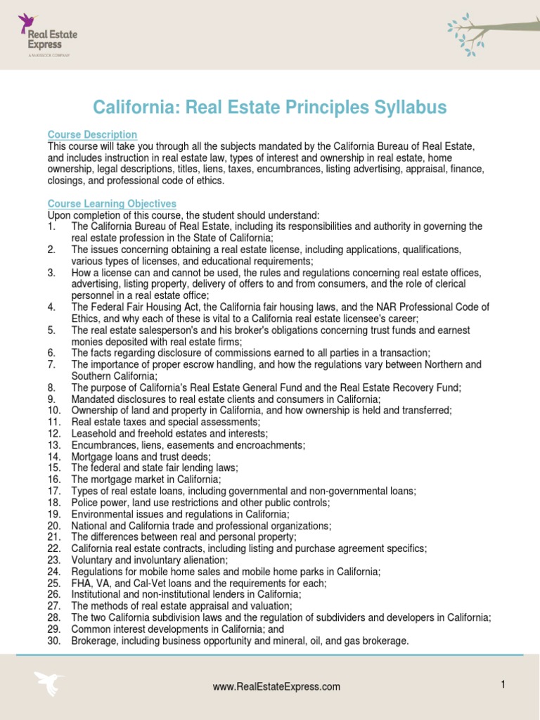 California: Real Estate Principles Syllabus: Course Description | PDF ...