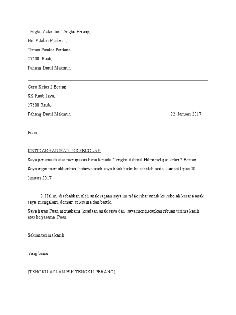 Surat Rasmi Tidak Hadir Ke Sekolah Pdf