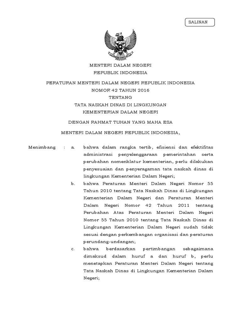 Tata Naskah Dinas Permendagri No.42 Th 2016