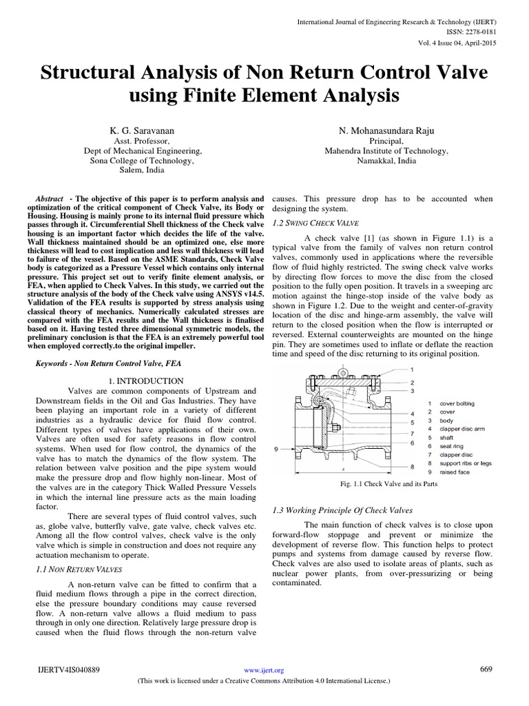 Structural Analysis of Non Return Control Valve Using Finite Element