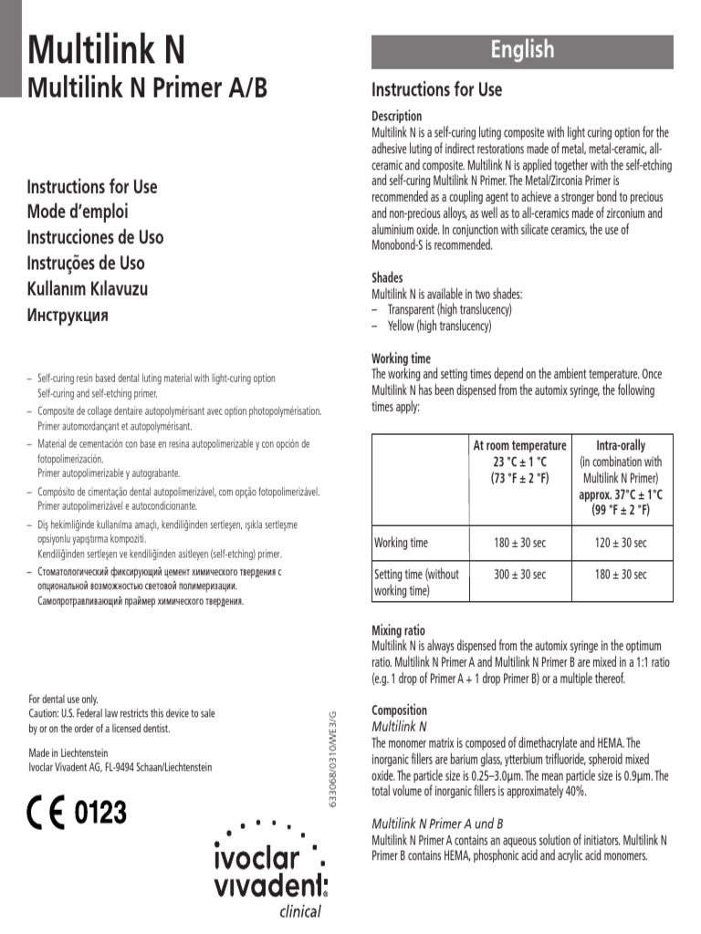 Multilink N Primer A/B Instructions For Use PDF Adhesive Acid