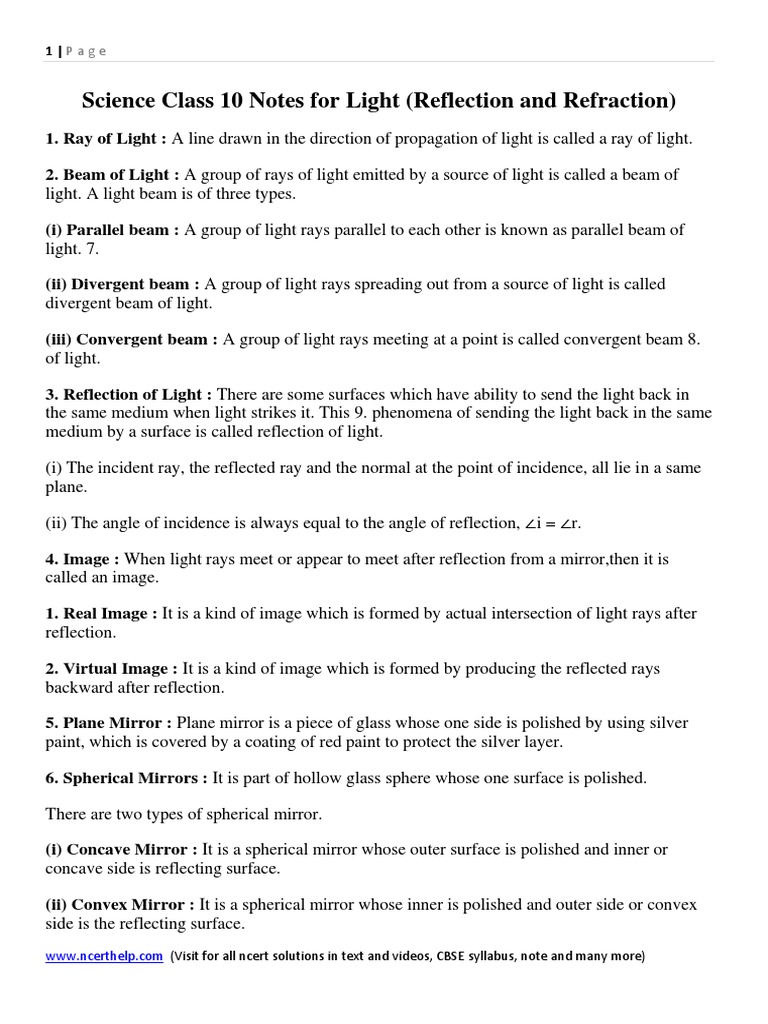 Science Notes For Class 10 Chapter 10 Light Reflection and Refraction ...