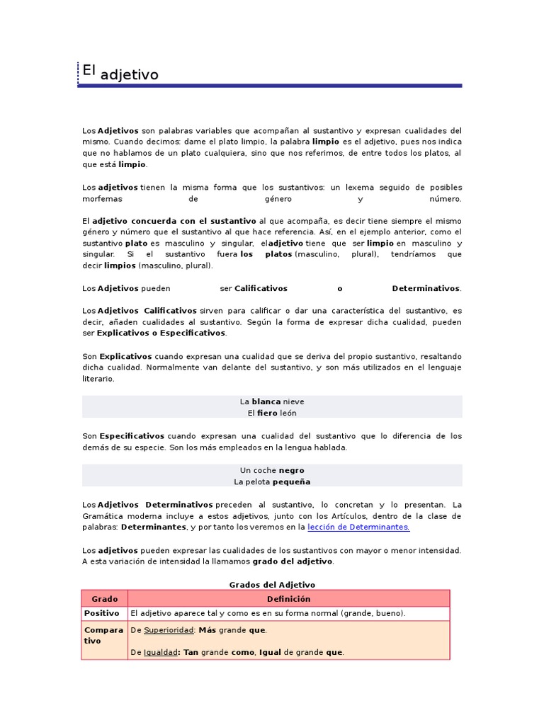 Tipos y grados de adjetivos | PDF | Adjetivo | Sustantivo