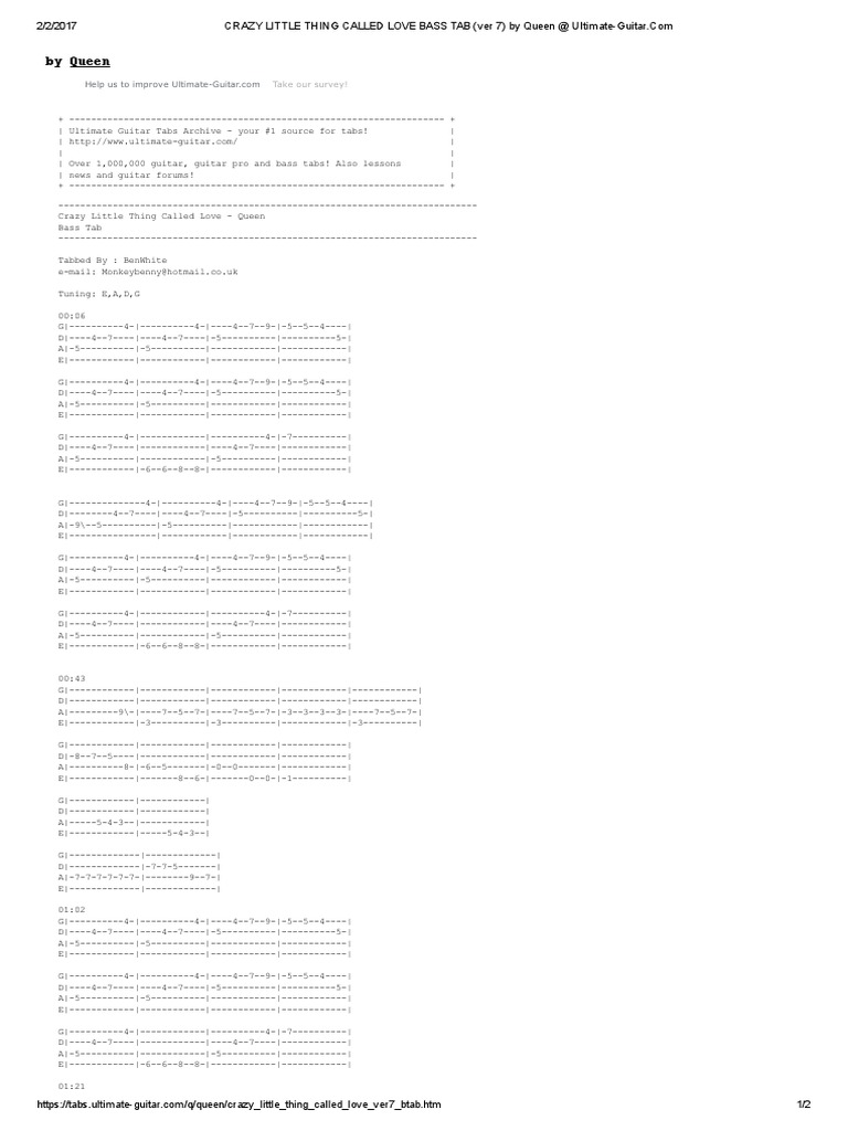 Crazy Little Thing Called Love Bass Tab (Ver 7) by Queen Ultimateguitar