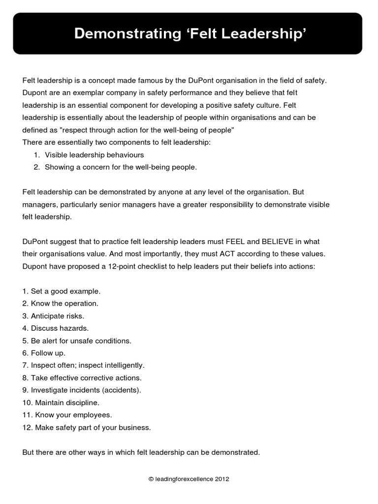 Demonstrating Felt Leadership Leadership Safety