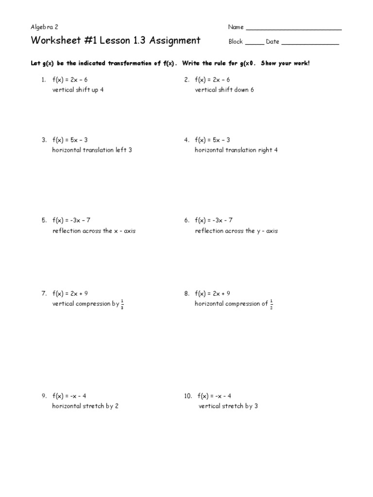 Transformations of Functions Worksheet | PDF