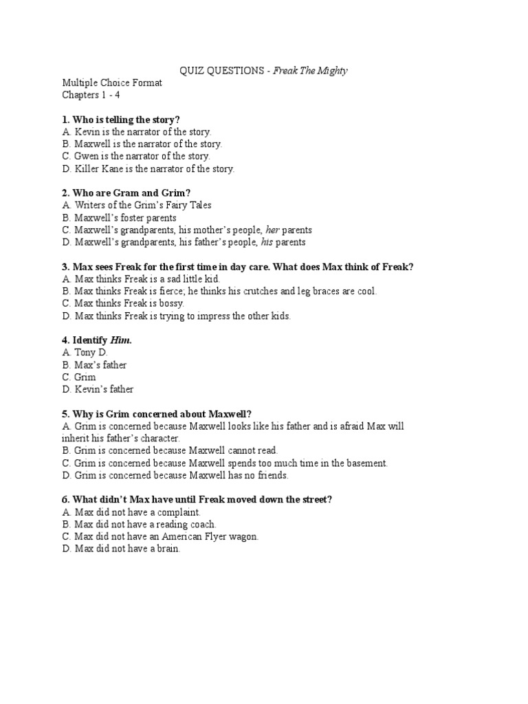 Quiz on Chapters 1-4 of Freak The Mighty | PDF