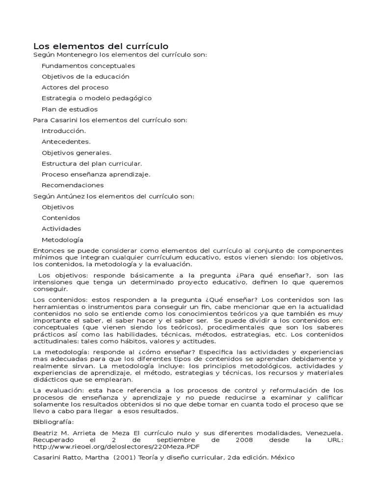 Elementos del Currículo Educativo | PDF | Plan de estudios | Evaluación
