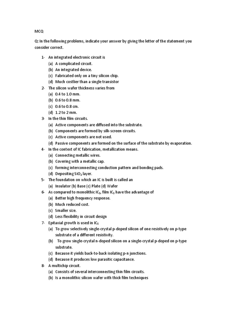 MCQ PDF Integrated Circuit Semiconductor Device Fabrication