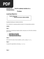 Unit 1 Lesson 17: Test For Optimal Solution To A Transportation Problem Learning Objective