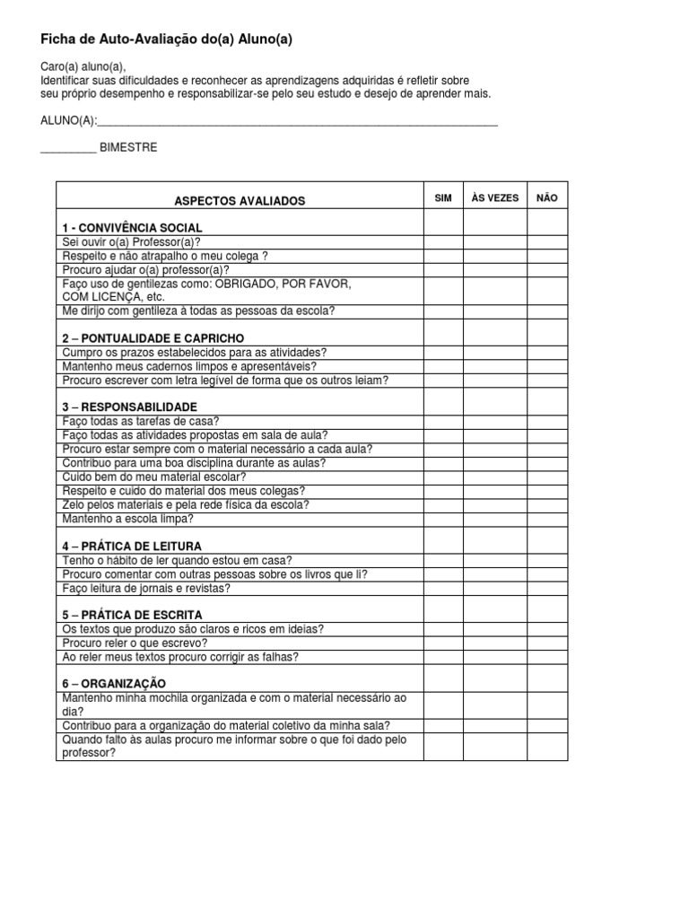 Ficha de Autoavaliação do Aluno | PDF | Carreira e Crescimento | Autoajuda