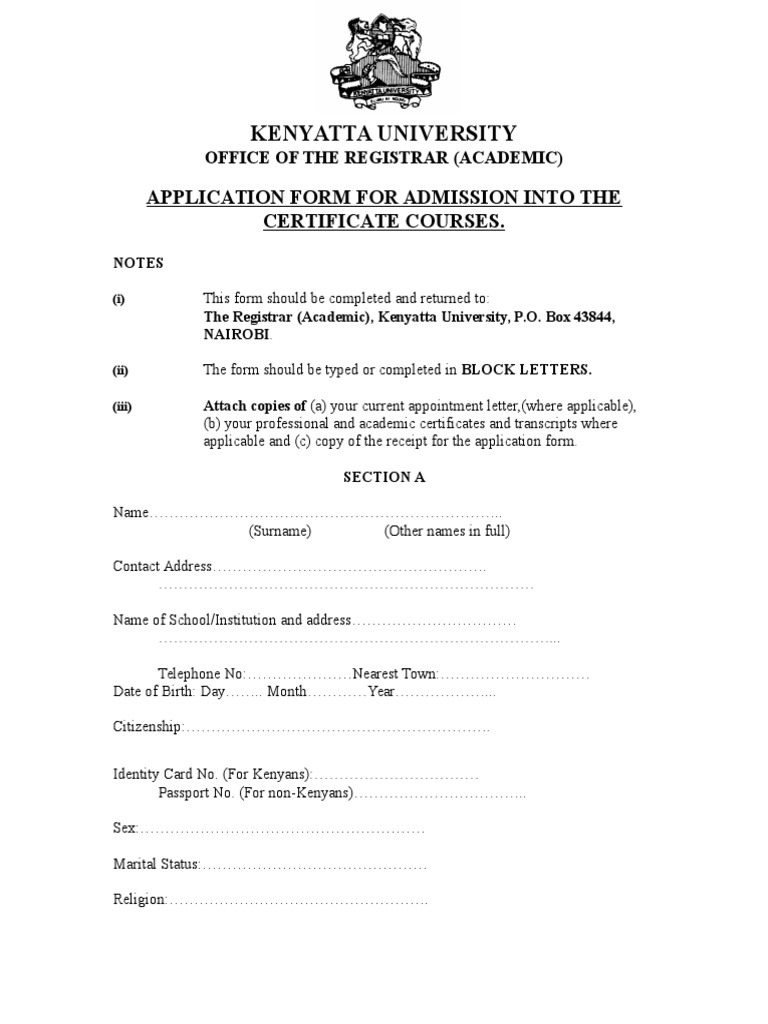 Kenyatta University Application Form For Admission Into The Certificate Courses PDF