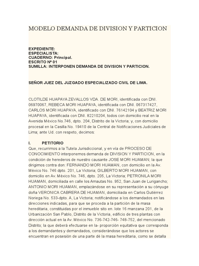 Demanda de Division y Particion Modelo | PDF | Herencia | Demanda judicial