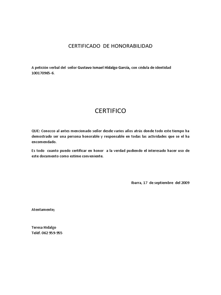 Certificado De Honorabilidad Ecuador Ejemplo - Perodua n
