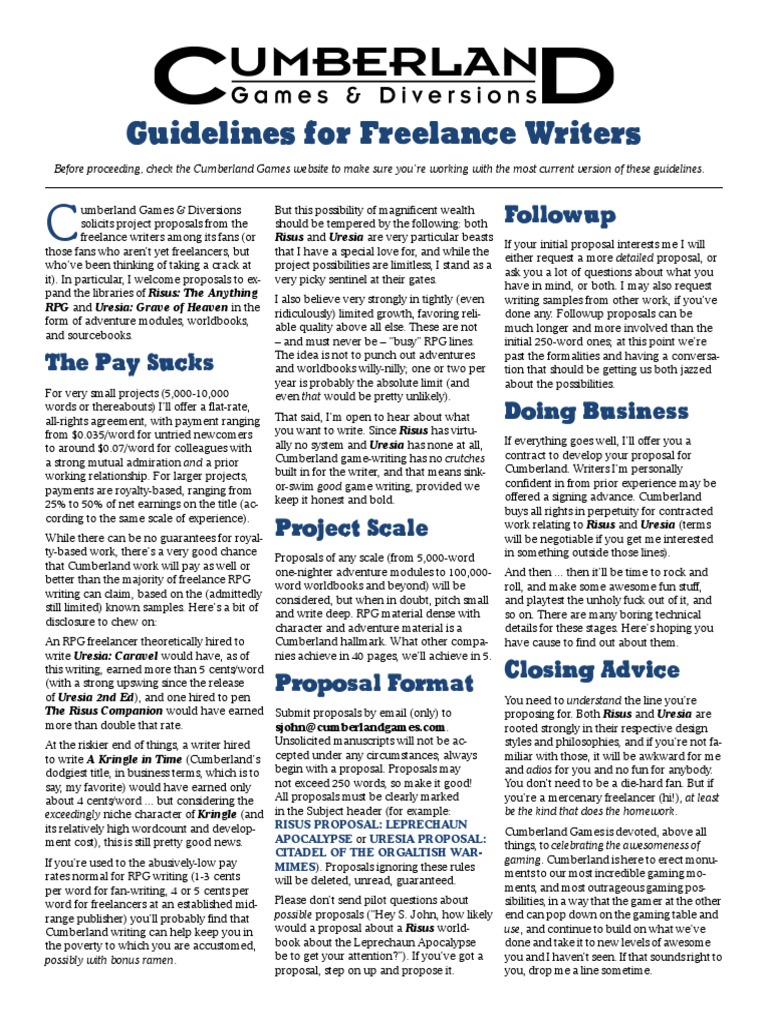 Cumberland Games & Diversions Guidelines For Freelance Writers