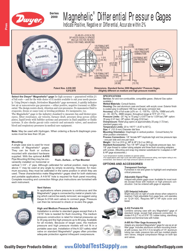Dwyer 2300 250pa Pressure Gauge Datasheet Pressure Measurement Pressure