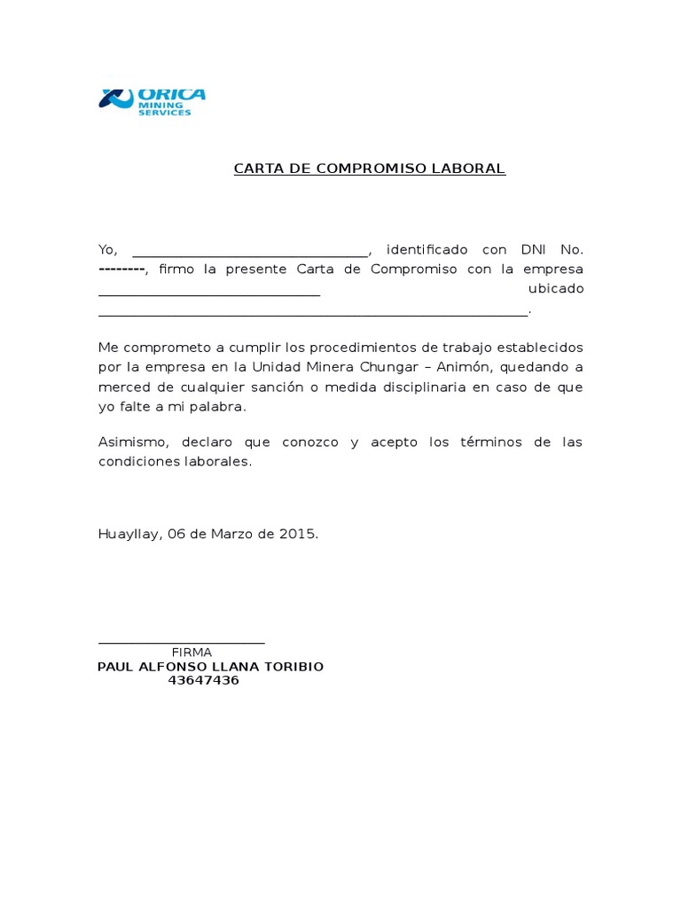 Carta de Compromiso Laboral Ejemplo | PDF | Negocios | Finanzas y dinero