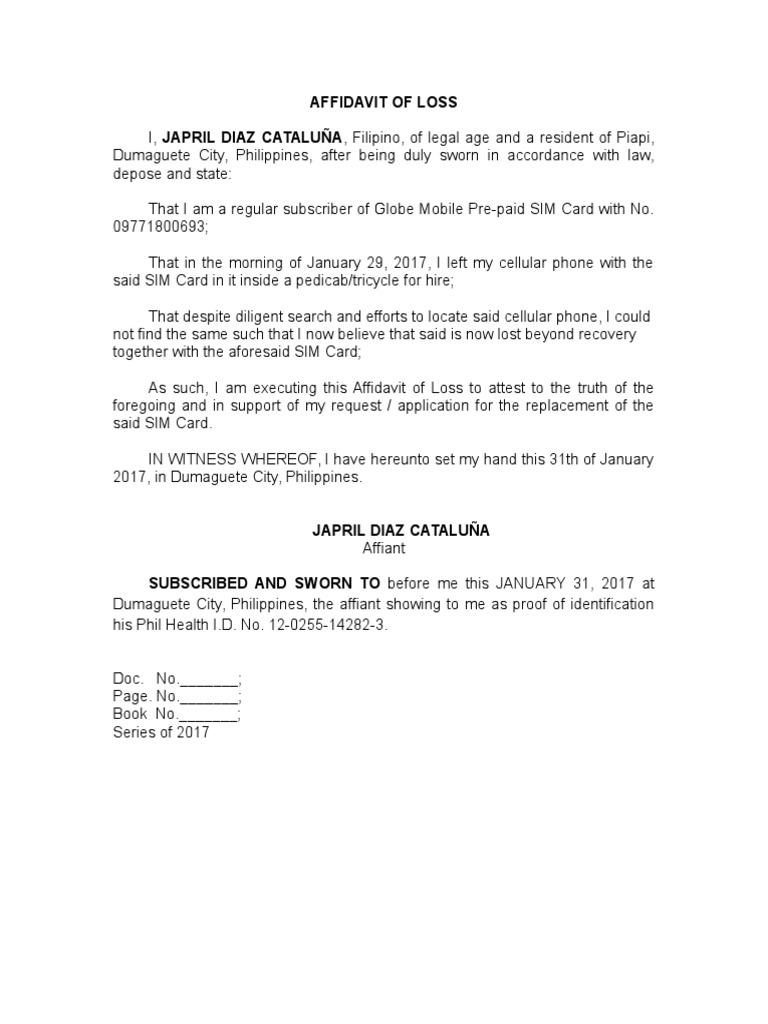 Affidavit of Loss for Globe SIM Card | PDF