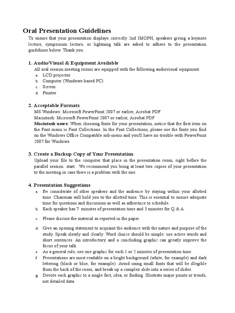 Oral Presentation Guidelines: 1. Audio/Visual & Equipment Available ...