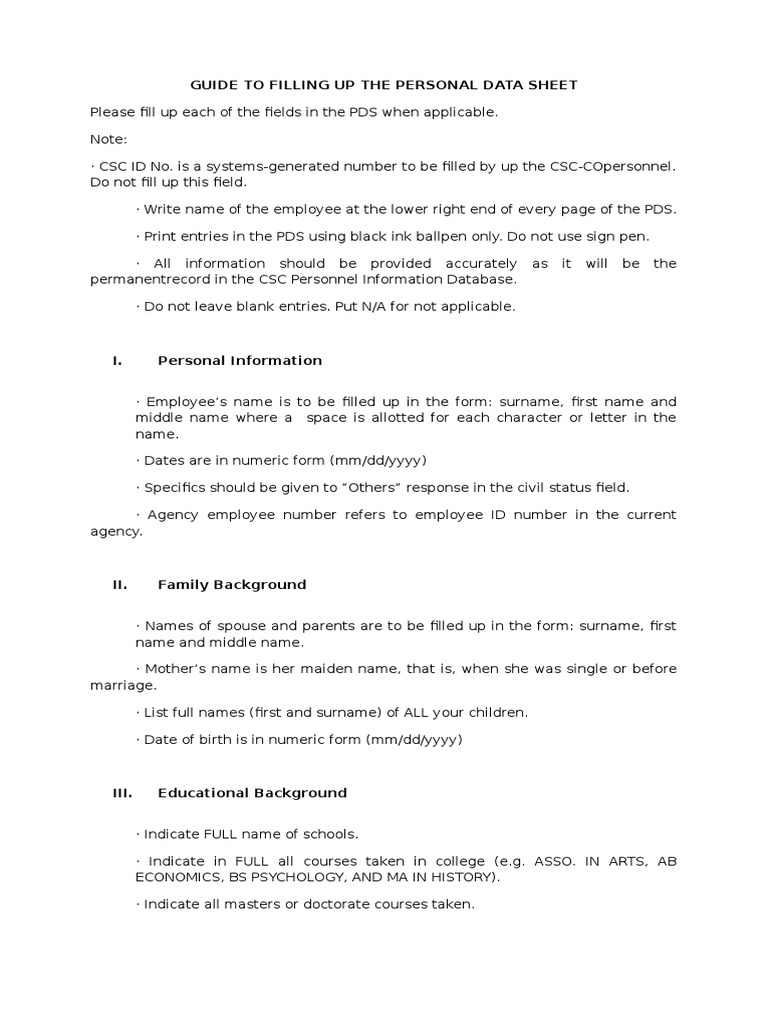 Guide To Filling Up The Personal Data Sheet CSC 212 PDF Business