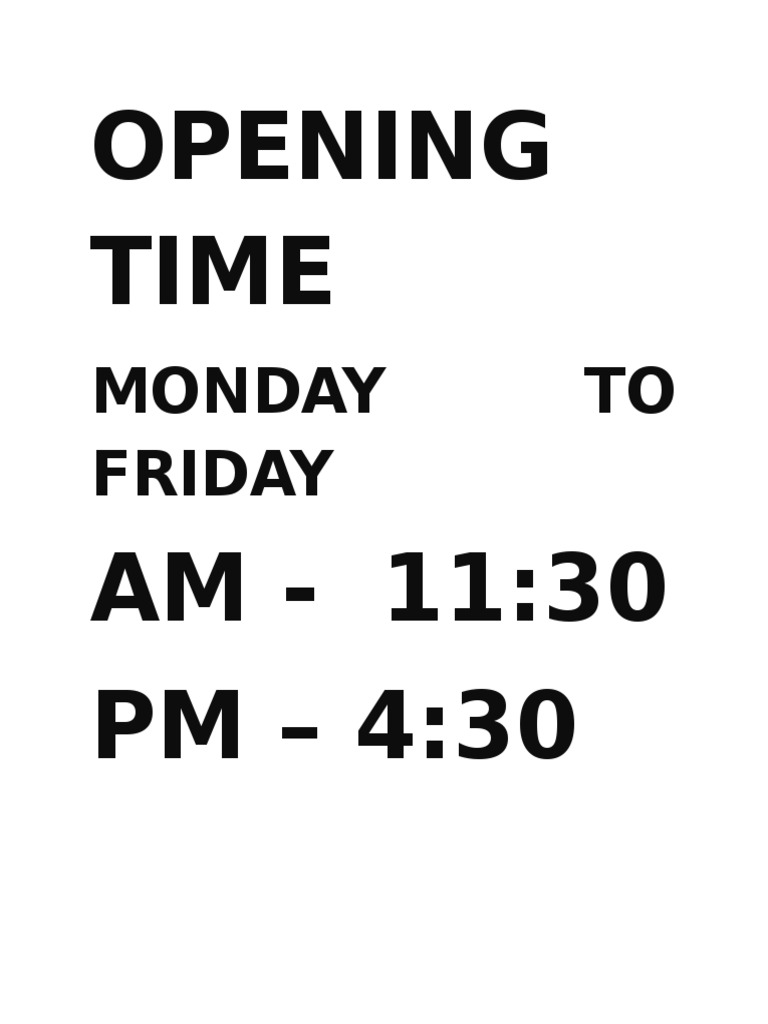 Opening Time AM 1130 PM 430 Monday TO Friday PDF Sports