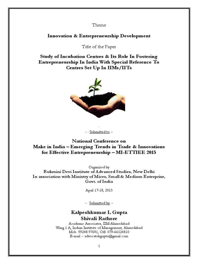 Study of Incubation Centres and Its Role PDF PDF Venture Capital Corporate Finance