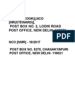 Post Box No. 2, Lodhi Road Post Office, New Delhi-110003: Nco (MR (Cook) ), Nco (MR (STEWARD) )