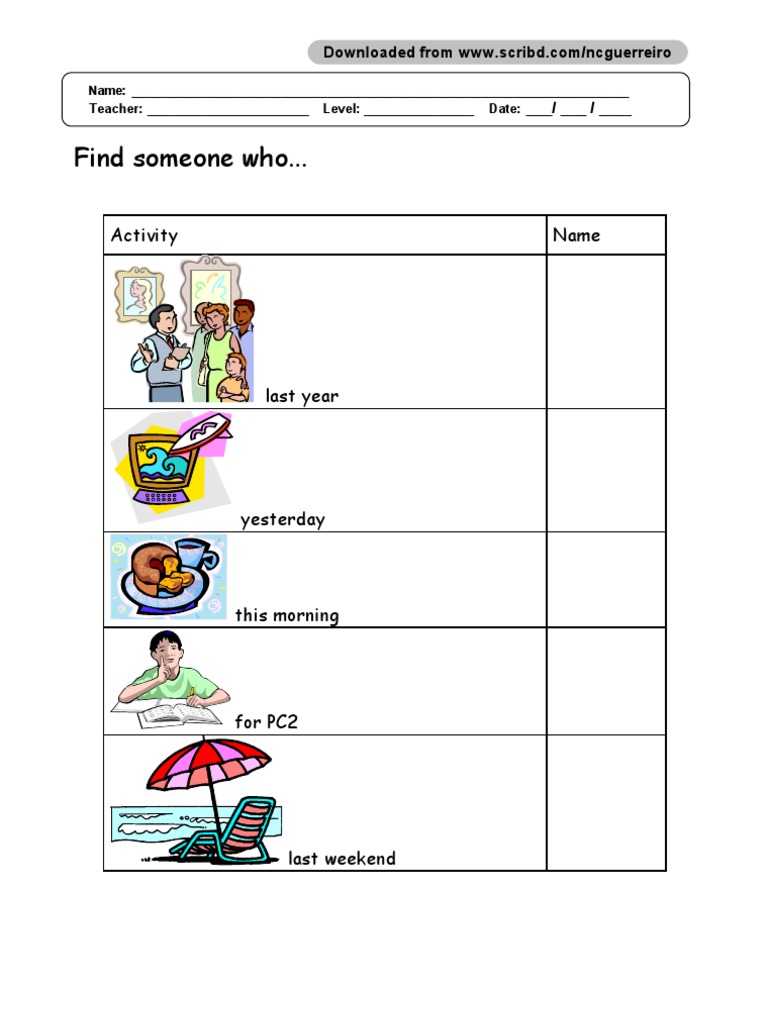 Simple Past Find Someone Who