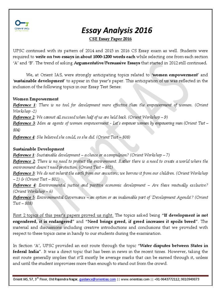 2016 Mains Essay Analysis Orient IAS PDF Essays Empowerment