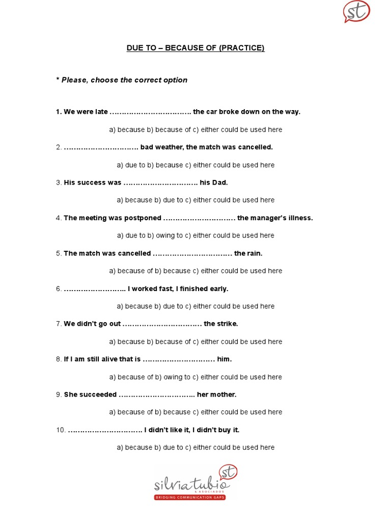 Prepositions Practice: Due To vs Because Of | PDF | Home & Garden