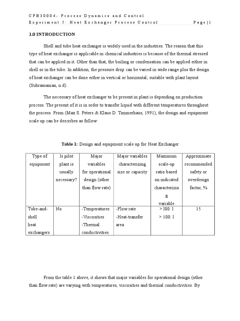 CPB30004 Process Dynamics and Control Experiment 5 Heat Exchanger Process Control Lab Report