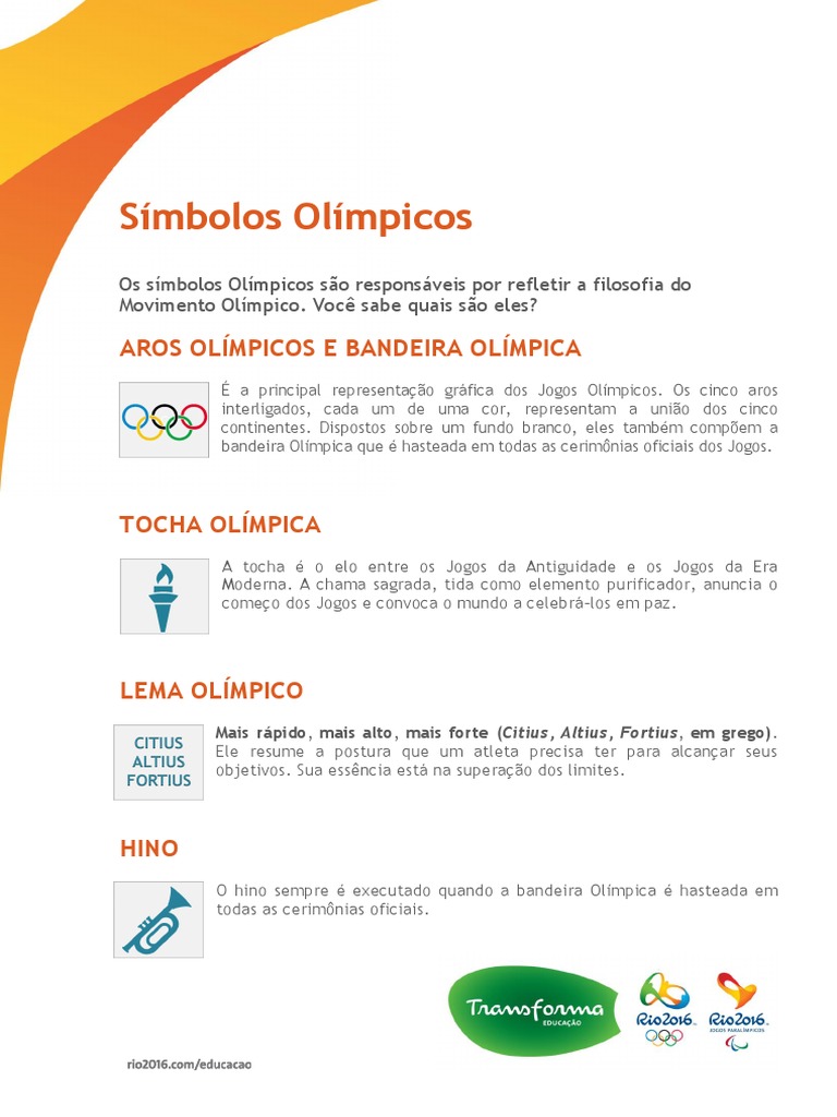 Os principais símbolos Olímpicos: aros, bandeira, tocha, lema e hino | PDF