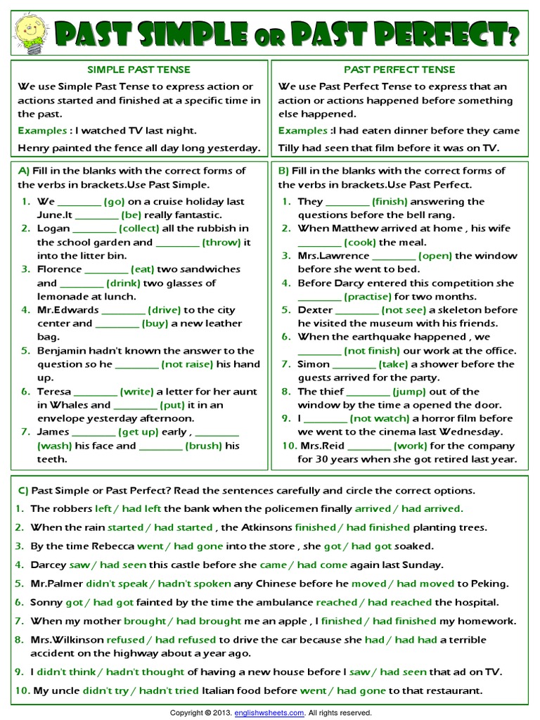 Simple Past Or Past Perfect Tense Grammar Exercises Worksheet Pdf Perfect Grammar Grammatical Tense