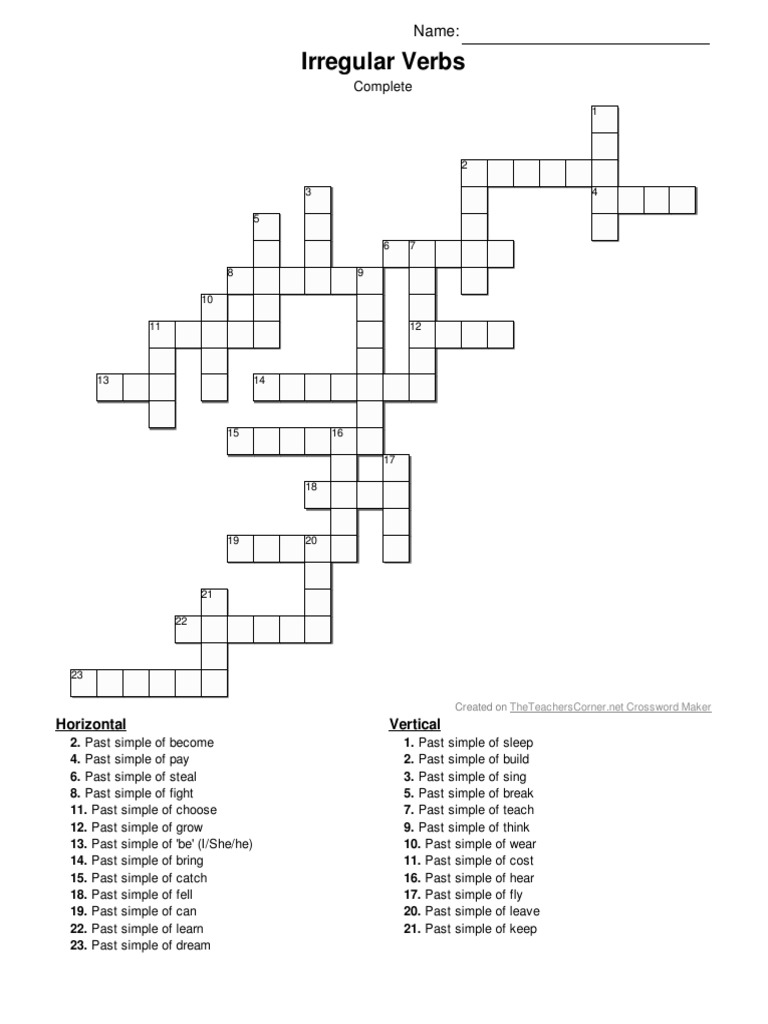 Crucigrama Verbos Irregulares en Inglés PDF