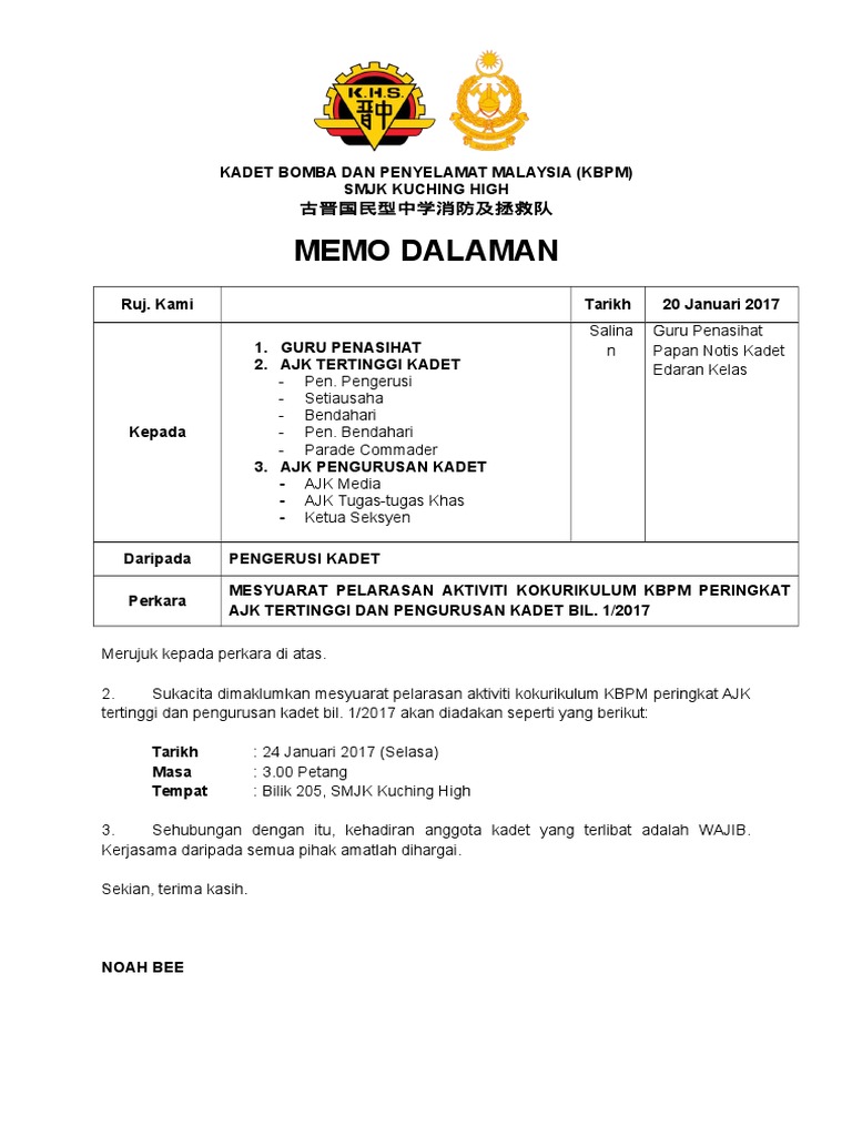 Contoh Memo Rasmi Perjumpaan Kokurikulum