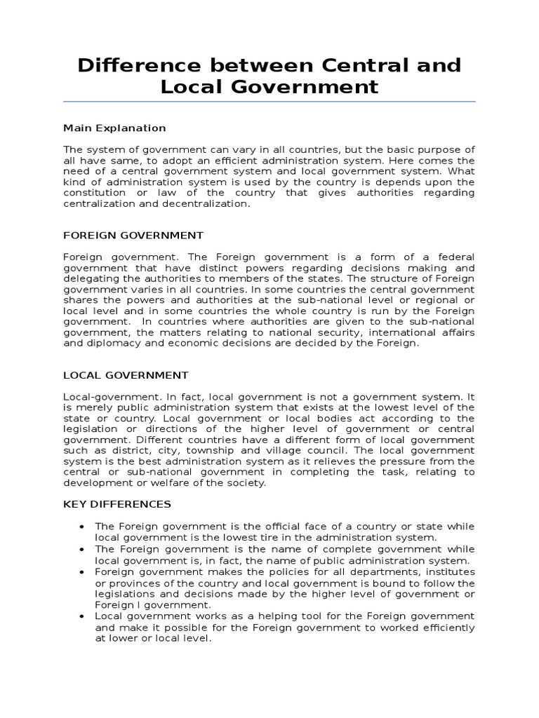 Difference Between Central and Local Government | PDF | Local ...