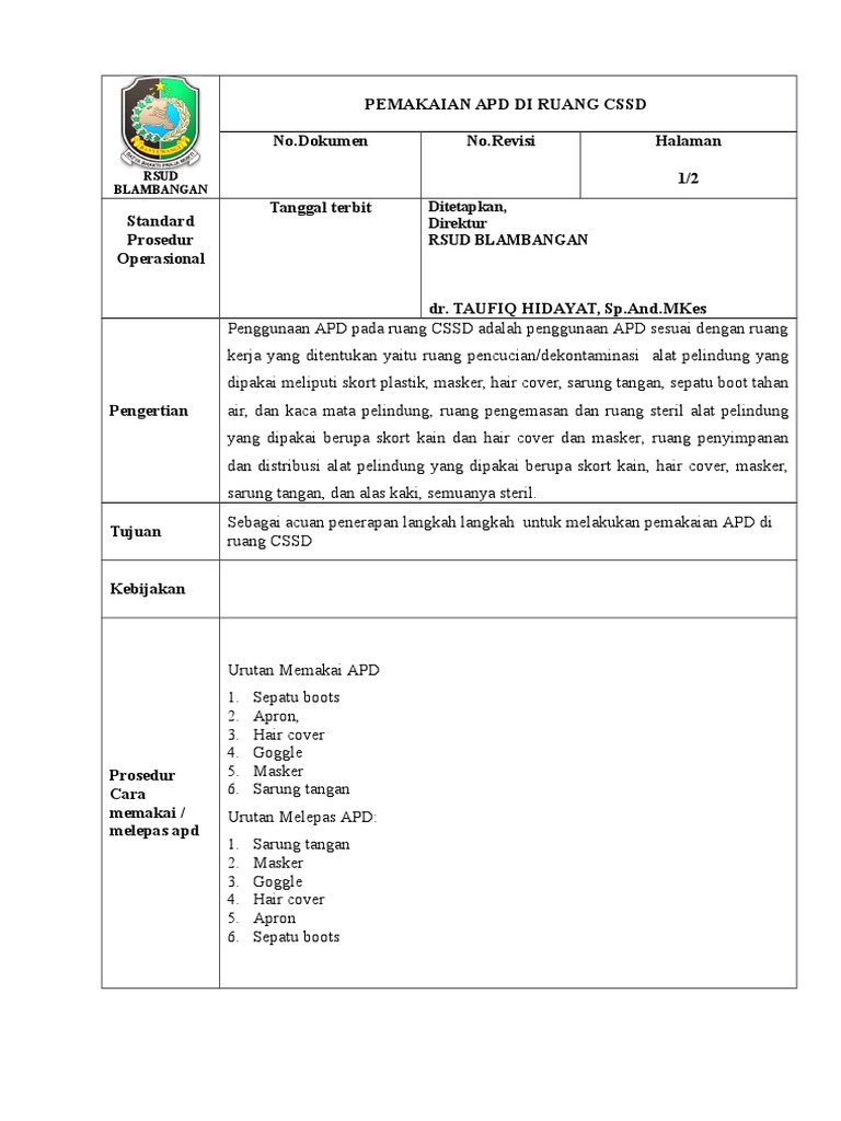 Prosedur Penggunaan APD di CSSD | PDF