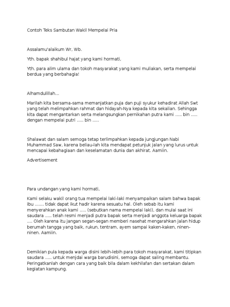 Contoh Teks Sambutan Wakil Mempelai Pria