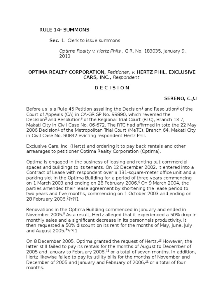 Rule 14 Summons in Optima Realty Case | PDF | Service Of Process | Lease