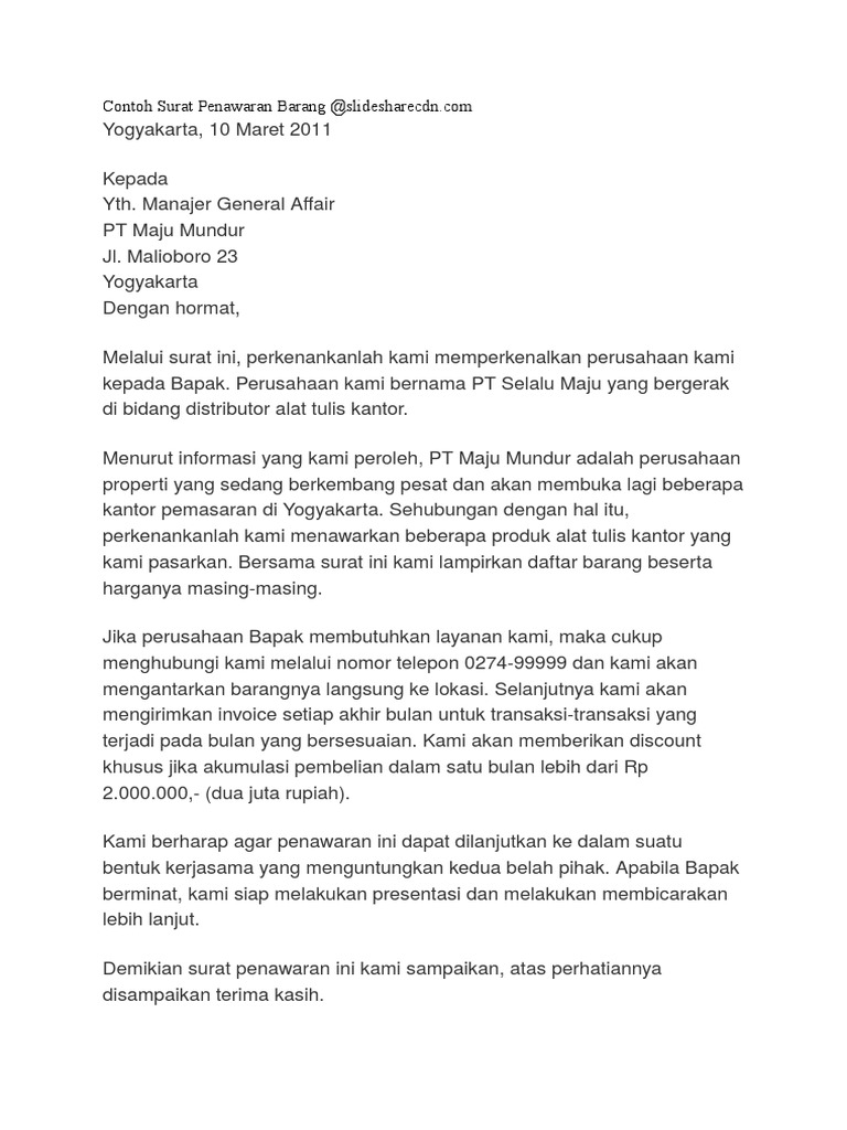 Contoh Surat Penawaran Barang Jasa Pdf