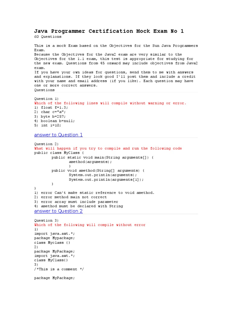 Java Programmer Certification Mock Exam No 1 60 Questions | PDF ...