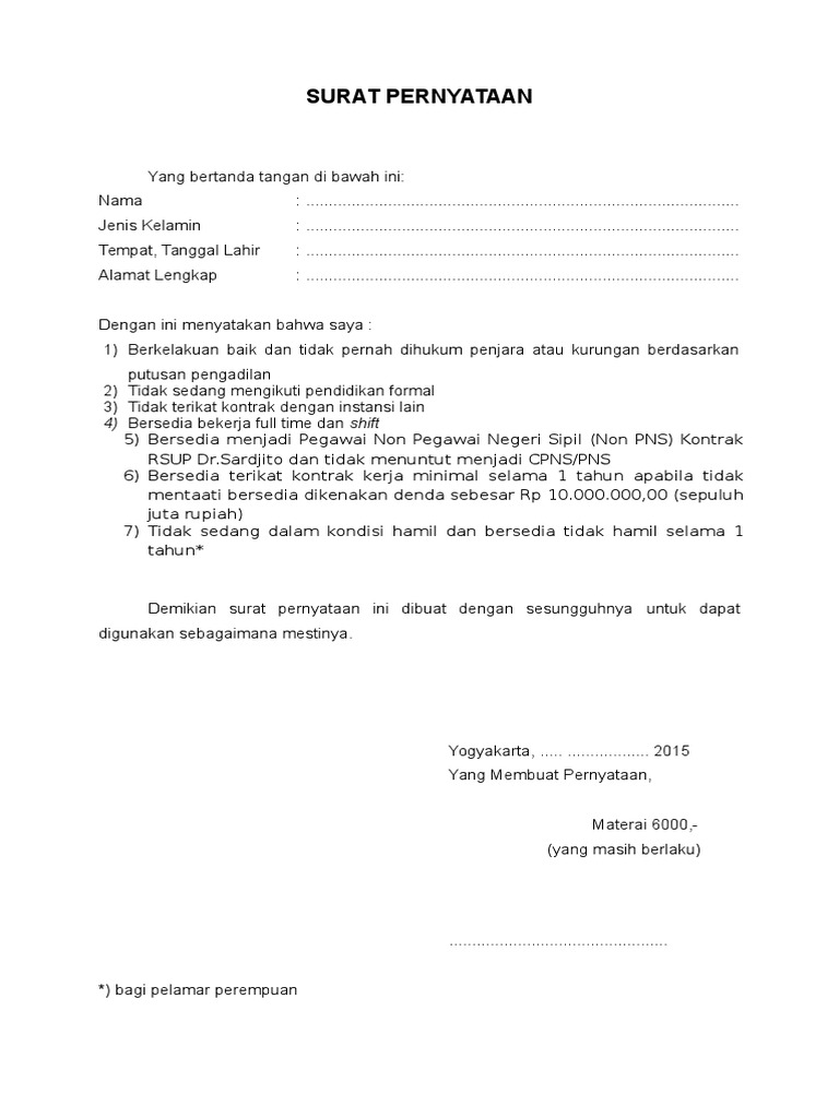 Surat Pernyataan Calon Pegawai Non Pns 