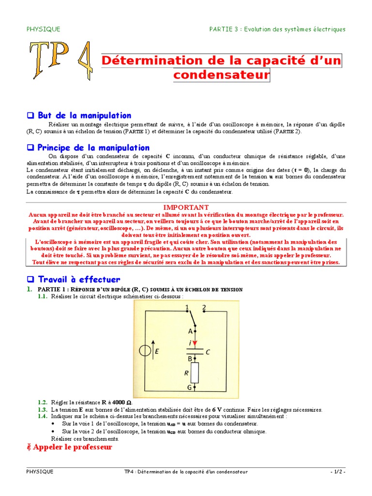 On Donne Ci Dessous Le Schéma D un Circuit D un Condensateur Circuit RC | PDF | Condensateur | Tension électrique