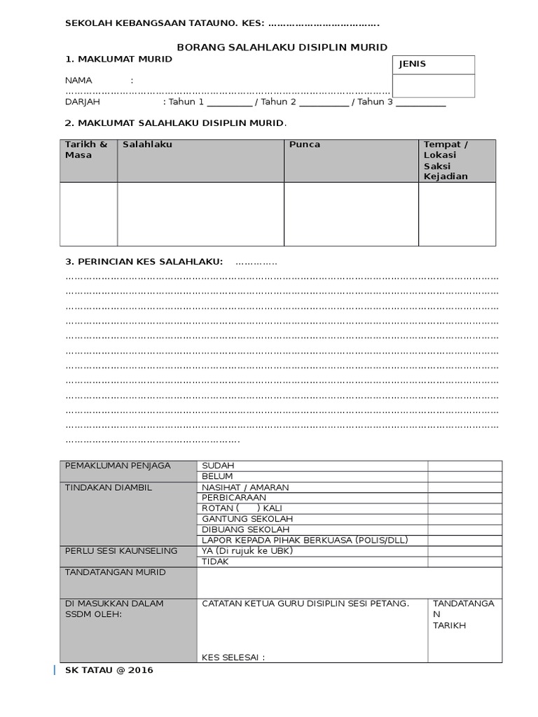Surat Makluman Kes Disiplin Murid