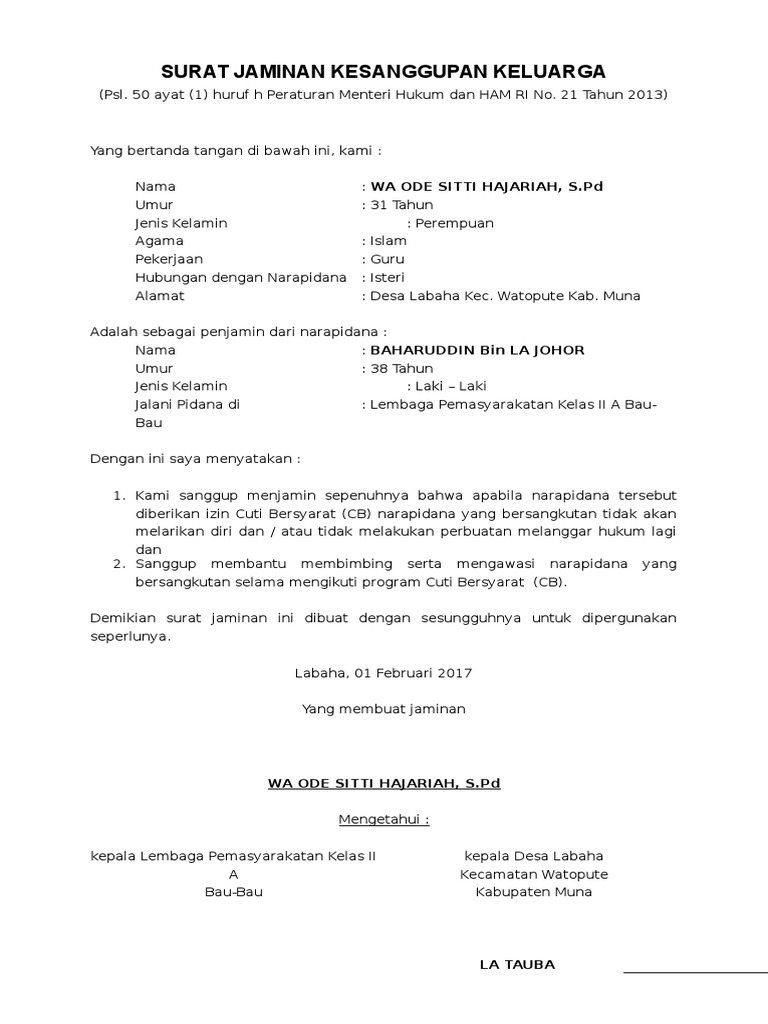 Surat Jaminan Kesanggupan Keluarga