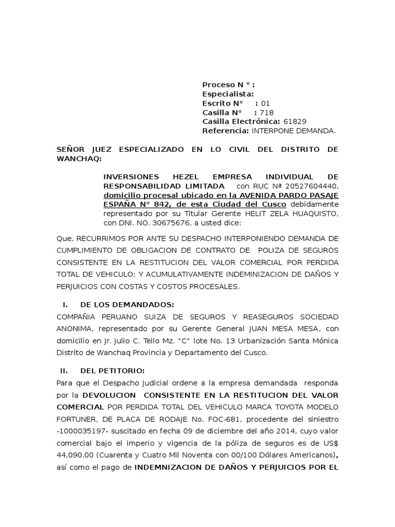 Demanda Obligacion De Hacer E Indemnizacion De Danos Y Perjuicios Pdf Poliza De Seguros Seguro