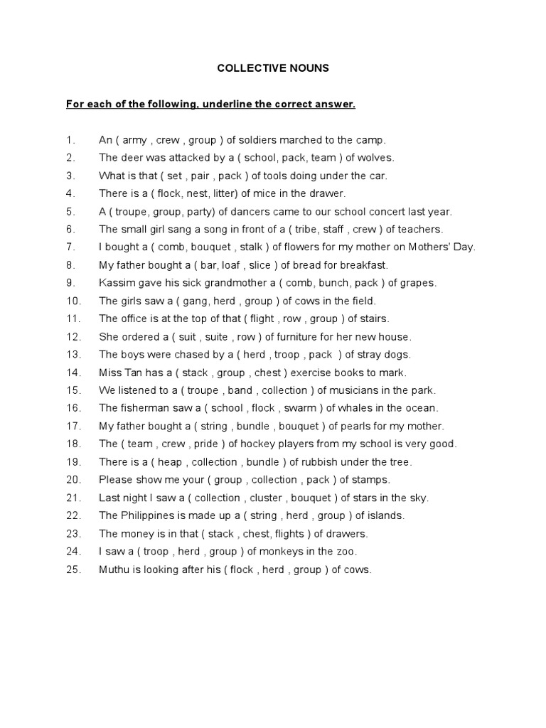 worksheets collective nouns n grammar foods