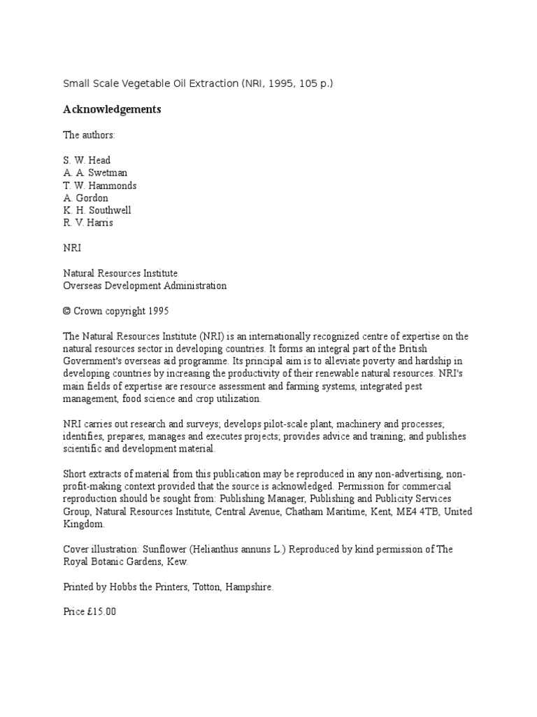 Small Scale Vegetable Oil Extraction PDF Fat Vegetable Oil