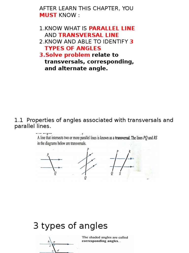 Types of Angles with Parallel Lines | PDF